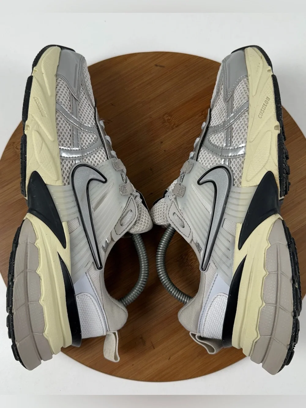 Nike V2K Run Metallic Silver & Cream Mesh Trainer Sneakers - Picture 6 of 9
